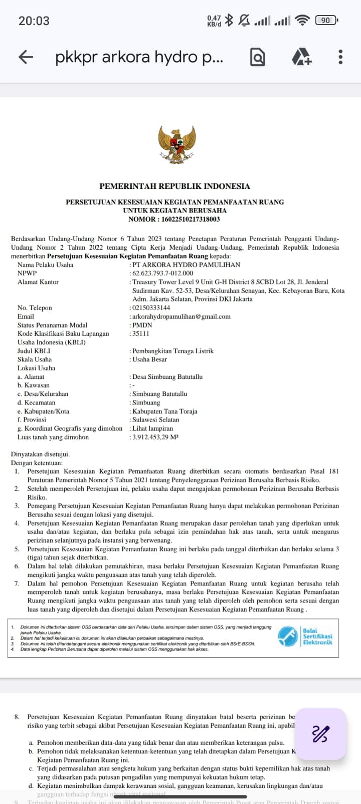 Bukti Terbit PKKPR Arkora